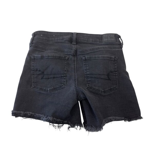 American Eagle Black Denim Mid Rise Distressed Shorts Women SZ 2 Button Fly - Picture 9 of 12